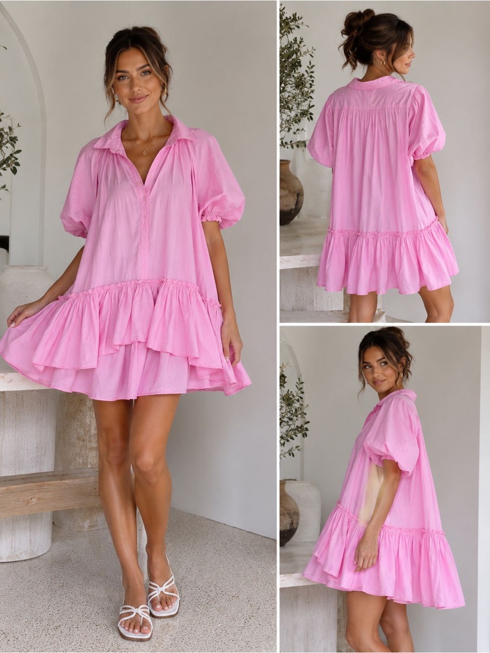 Talulah Pink Voluminous Tiered Button-Front Dress
